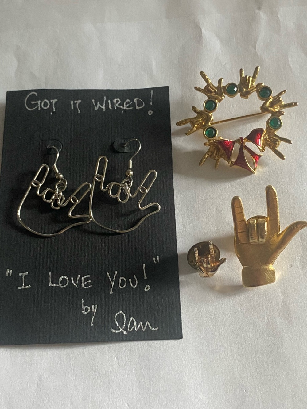 Lot of 4 Wire Earrings Novelty Lapel Pins  American Sign Language "I love you"